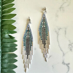 2/$30🌵 Blue Silver Rhinestone Tassel Fringe Earrings Art Deco Jewelry Gift NEW